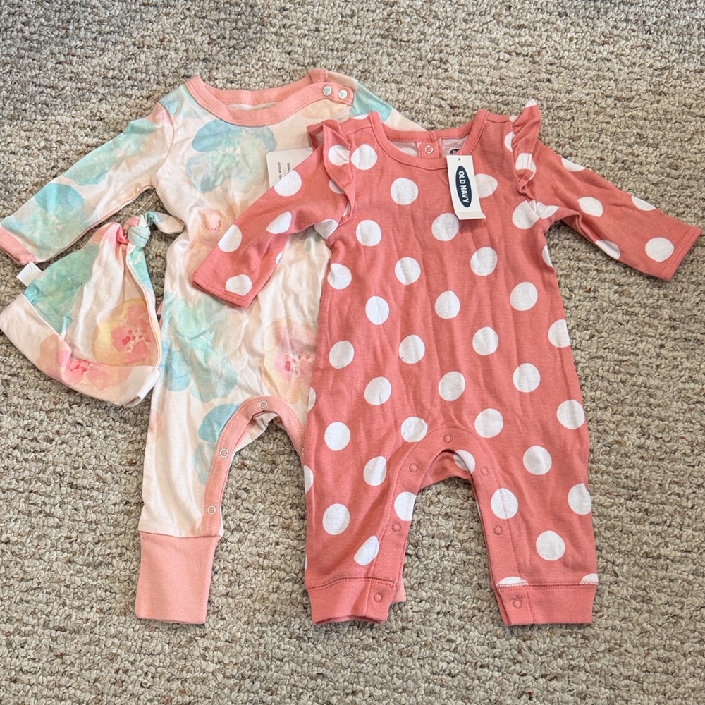 NWT Burt's Bees Old Navy Coral Pink Dot & Pastel Floral One-Piece Set 2 Rompers